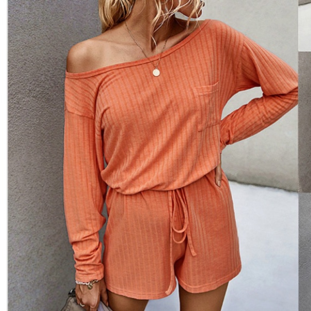 - Orange Knit Sweater Draw String Waist Romper